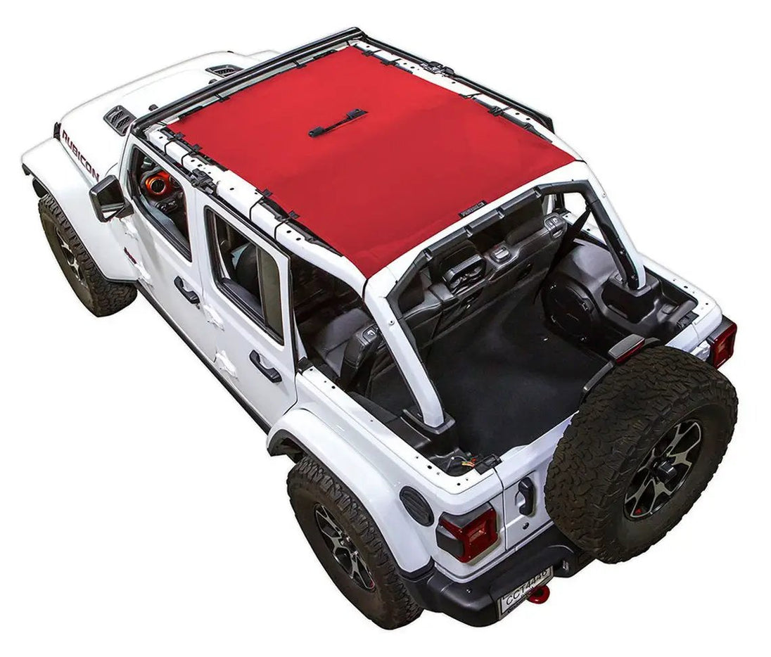 Sun shade by SPIDERWEBSHADE for Jeep Wrangler JLU 4-Door, red solid color shade top on white Wrangler