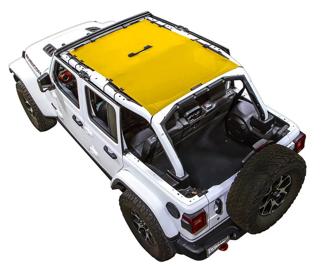 Sun shade for Jeep Wrangler JLU 4-Door by SpiderWebShade; yellow solid color top.
