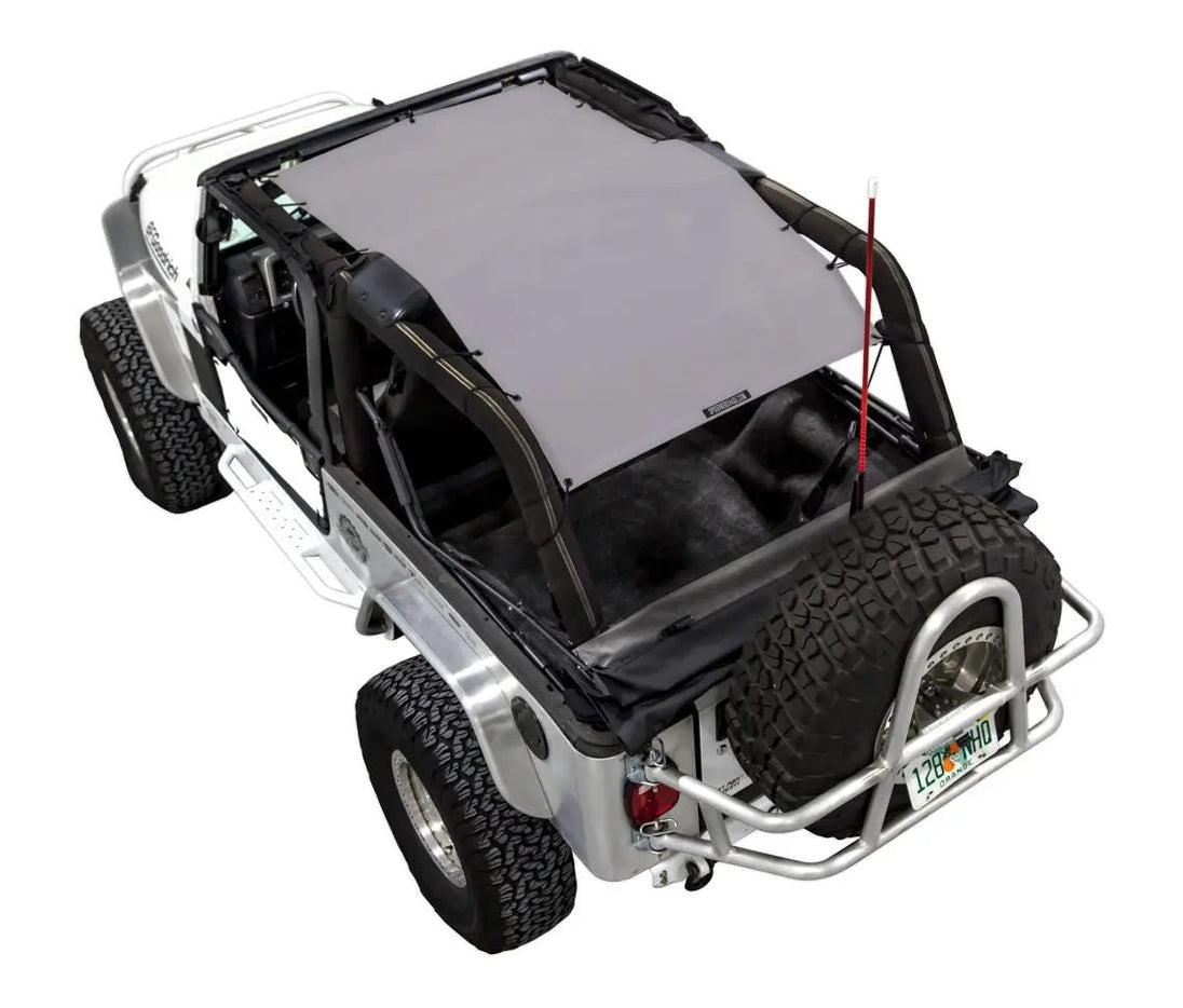 Sun Shade for Jeep Wrangler LJ, SPIDERWEBSHADE solid gray shade top (2004–2006) mounted on an off-road Jeep