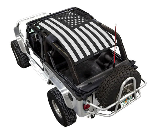 Sun shade SpiderWebShade for Jeep Wrangler LJ (2004–2006); black fabric with gray/white American flag design