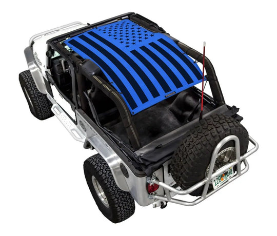 Sun shade SpiderWebShade for Jeep Wrangler LJ (2004–2006), blue flag/star printed top