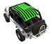 SpiderWebShade sun shade for Jeep Wrangler LJ (2004–2006); neon green printed top with black stripes and star pattern.