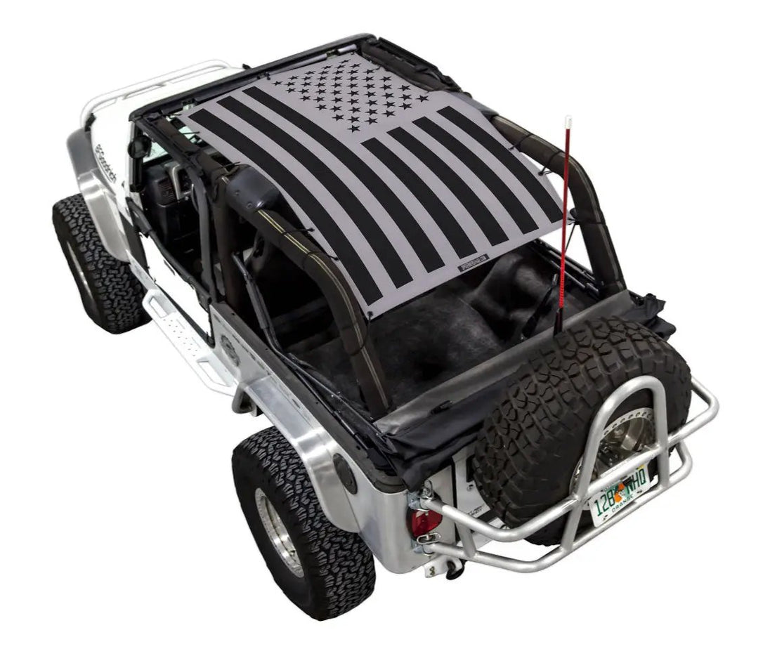 Sun shade for Jeep Wrangler LJ by SpiderWebShade with star-striped print (2004–2006)