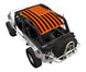 Sun Shade by SpiderWebShade for Jeep Wrangler LJ (2004–2006), orange printed top with black stripes