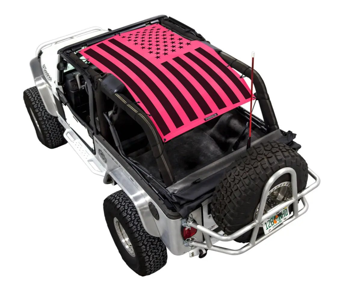 Sun shade for Jeep Wrangler LJ (2004–2006) by SPIDERWEBSHADE, pink with black stars-and-stripes flag pattern.