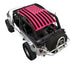 Sun shade for Jeep Wrangler LJ (2004–2006) by SPIDERWEBSHADE, pink with black stars-and-stripes flag pattern.
