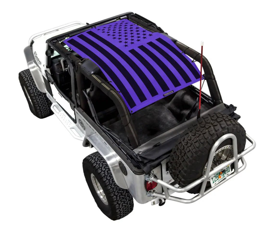 Sun Shade SPIDERWEBSHADE for Jeep Wrangler LJ 2004–2006, purple star-striped stock printed shade top