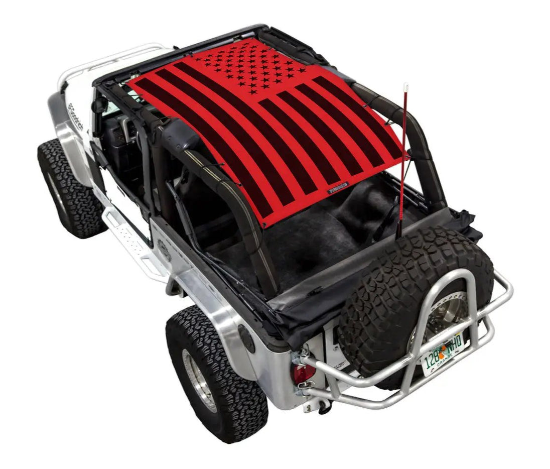 Sun shade by SPIDERWEBSHADE for Jeep Wrangler LJ 2004–2006, red and black flag design