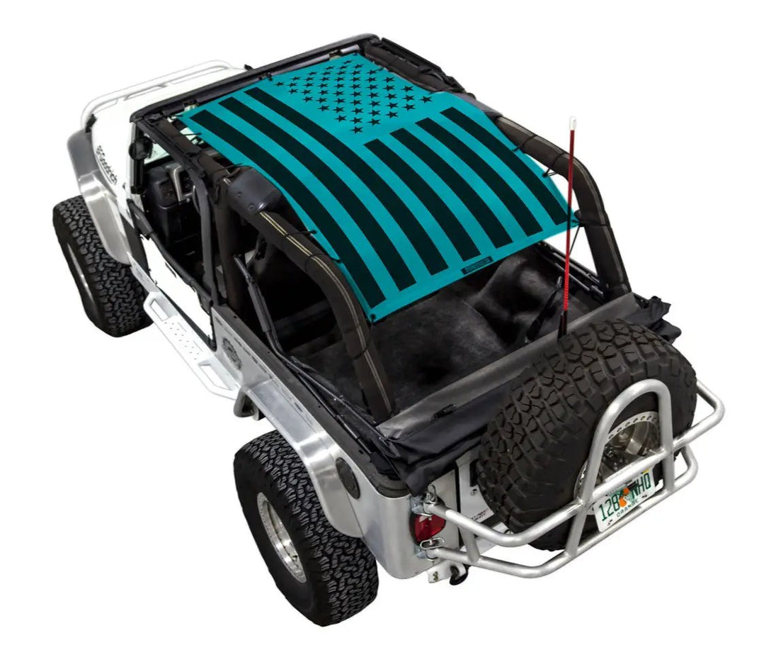 Sun Shade for Jeep Wrangler LJ (2004–2006) by SpiderWebShade, teal flag-print top