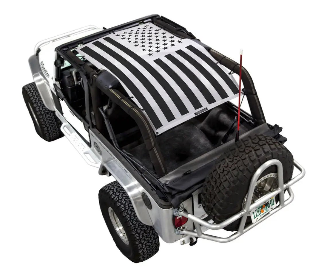 Sun shade SpiderWebShade stock printed shade top for Jeep Wrangler LJ (2004–2006); black and white flag pattern