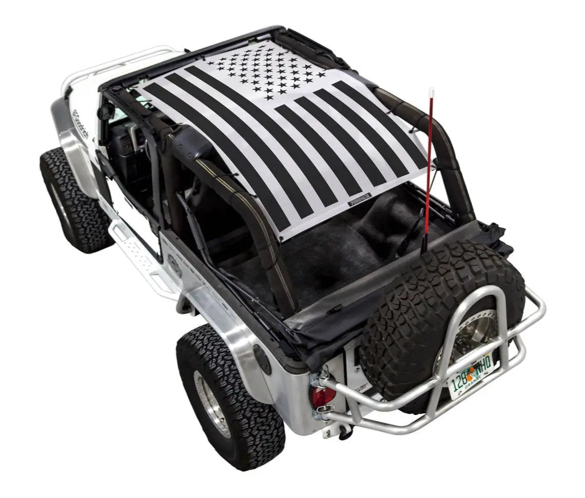 Sun shade SpiderWebShade stock printed shade top for Jeep Wrangler LJ (2004–2006); black and white flag pattern