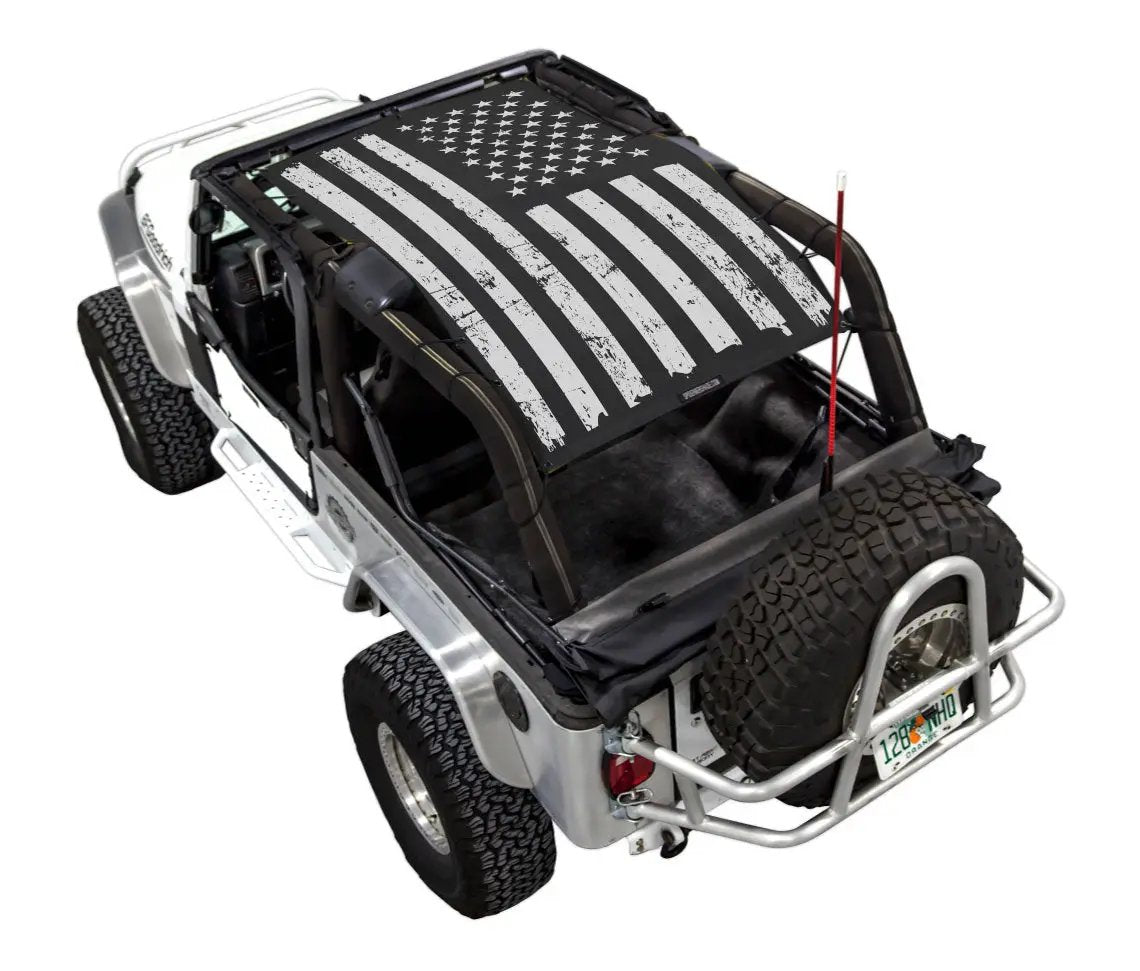 Sun shade for Jeep Wrangler LJ (2004–2006) by SPIDERWEBSHADE; distressed US flag print top.
