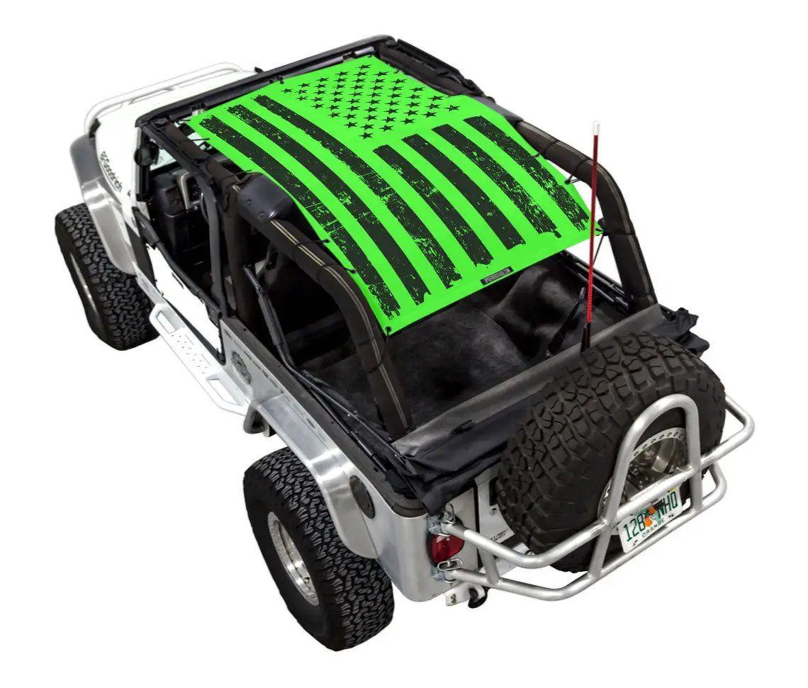 Sun shade top by SpiderWebShade for Jeep Wrangler LJ (2004–2006); neon green distressed flag print.