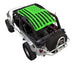 Sun shade top by SpiderWebShade for Jeep Wrangler LJ (2004–2006); neon green distressed flag print.