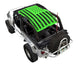 Sun shade top by SpiderWebShade for Jeep Wrangler LJ (2004–2006); neon green distressed flag print.