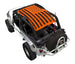 SpiderWebShade sun shade for Jeep Wrangler LJ (2004–2006); bright orange fabric with distressed American flag design.