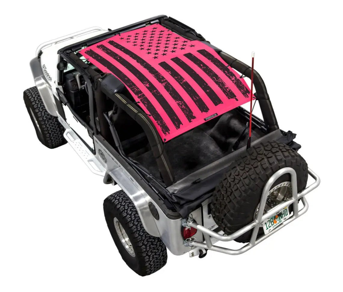 Sun shade for Jeep Wrangler LJ 2004–2006 by SPIDERWEBSHADE, pink American flag print shade top.