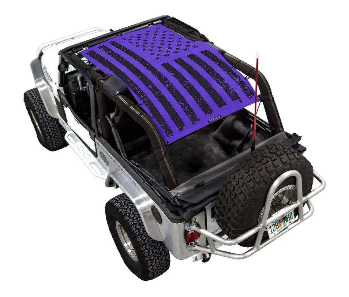 Sun Shade for Jeep Wrangler LJ (2004–2006) by SPIDERWEBSHADE; purple distressed flag pattern over roll cage