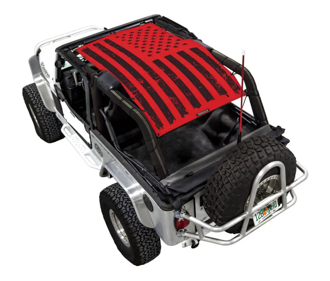Sun shade for Jeep Wrangler LJ (2004–2006) by SpiderWebShade, red distressed American flag print