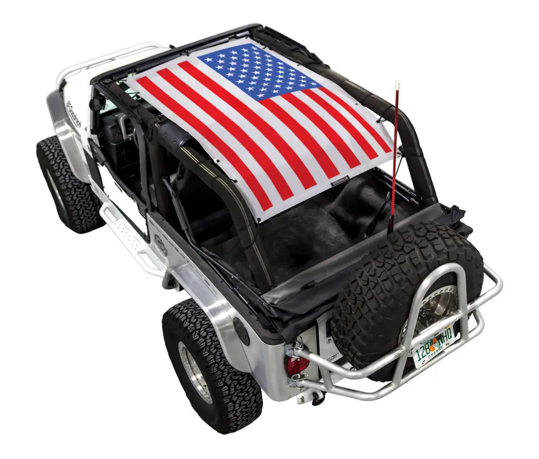 Sun shade top for Jeep Wrangler LJ (2004–2006) by SPIDERWEBSHADE with American flag print