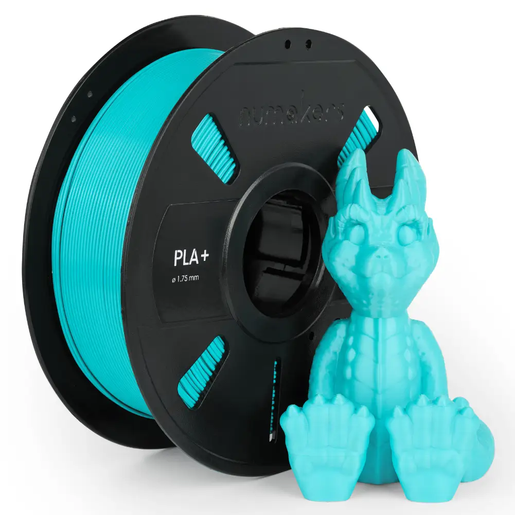 PLA+ Filament spool by Numakers in teal with turquoise dragon figurine; 3D printer accessories.
