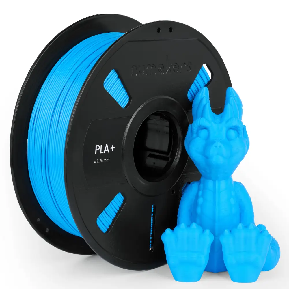 Numakers PLA+ filament spool in blue, 1.75 mm, 3D printer accessory with blue dragon figurine