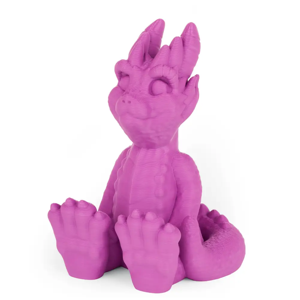 PLA+ Filament sample: purple 3D printed dinosaur figurine