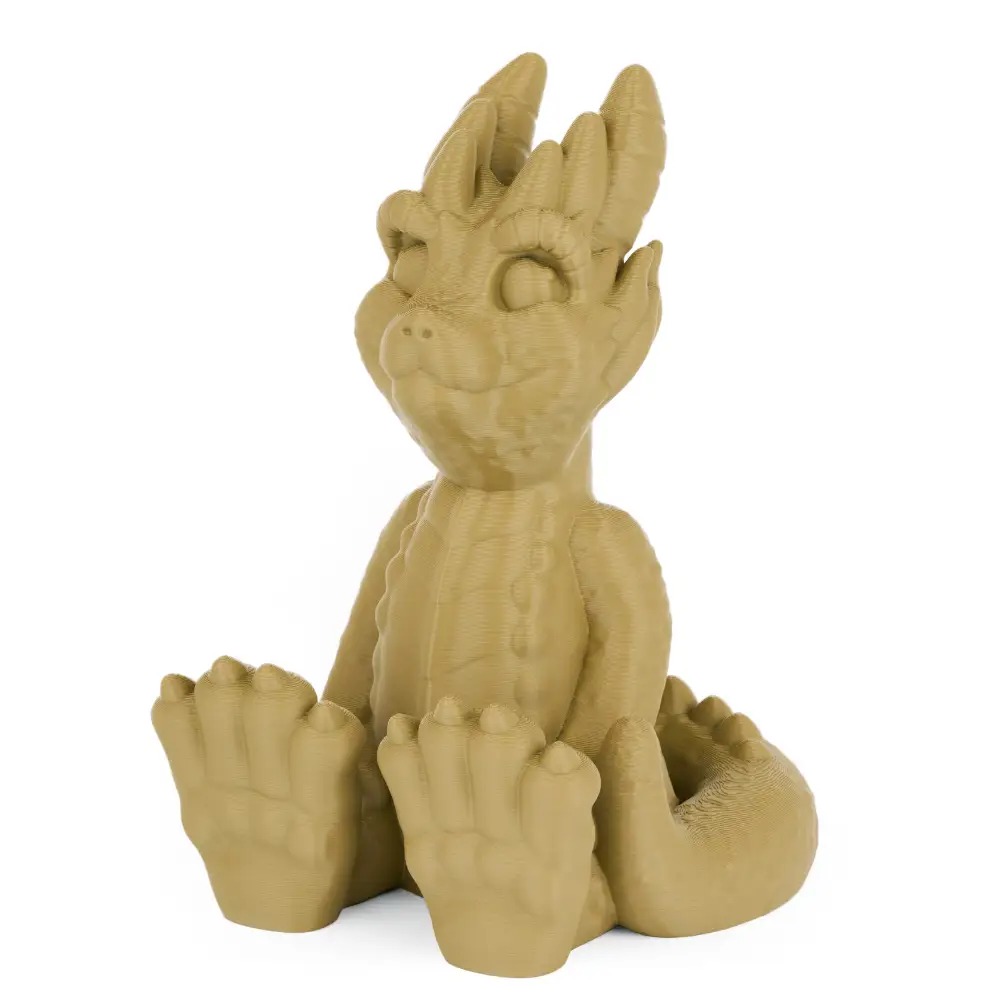 PLA+ Filament dragon figurine; tan color, 3D-printed by Numakers