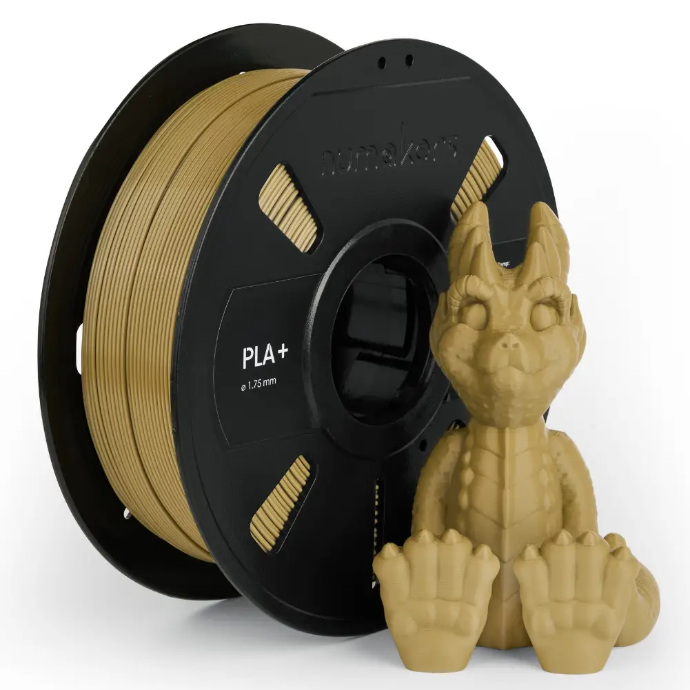 PLA+ Filament spool by Numakers with beige 1.75 mm filament beside a dragon figurine, 3D printer accessory
