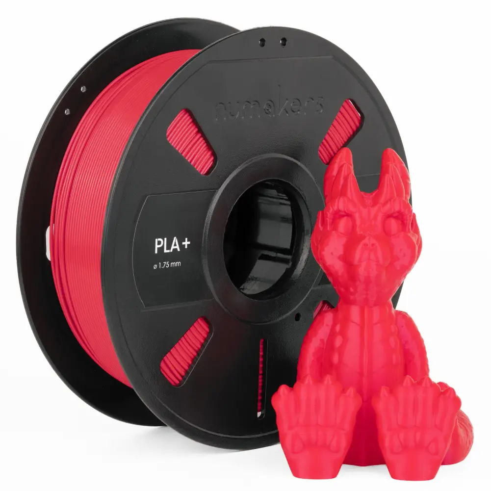 PLA+ Filament spool by Numakers, red 1.75 mm, 3D printer accessory; includes 1 red dragon figurine beside it