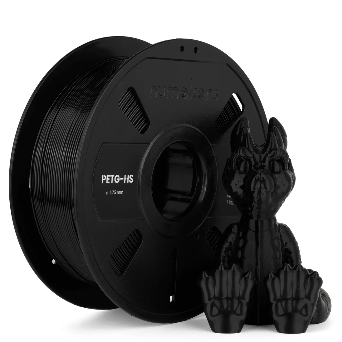 PETG-HS filament spool by Numakers, black, 1.75 mm, with a pair of gloves