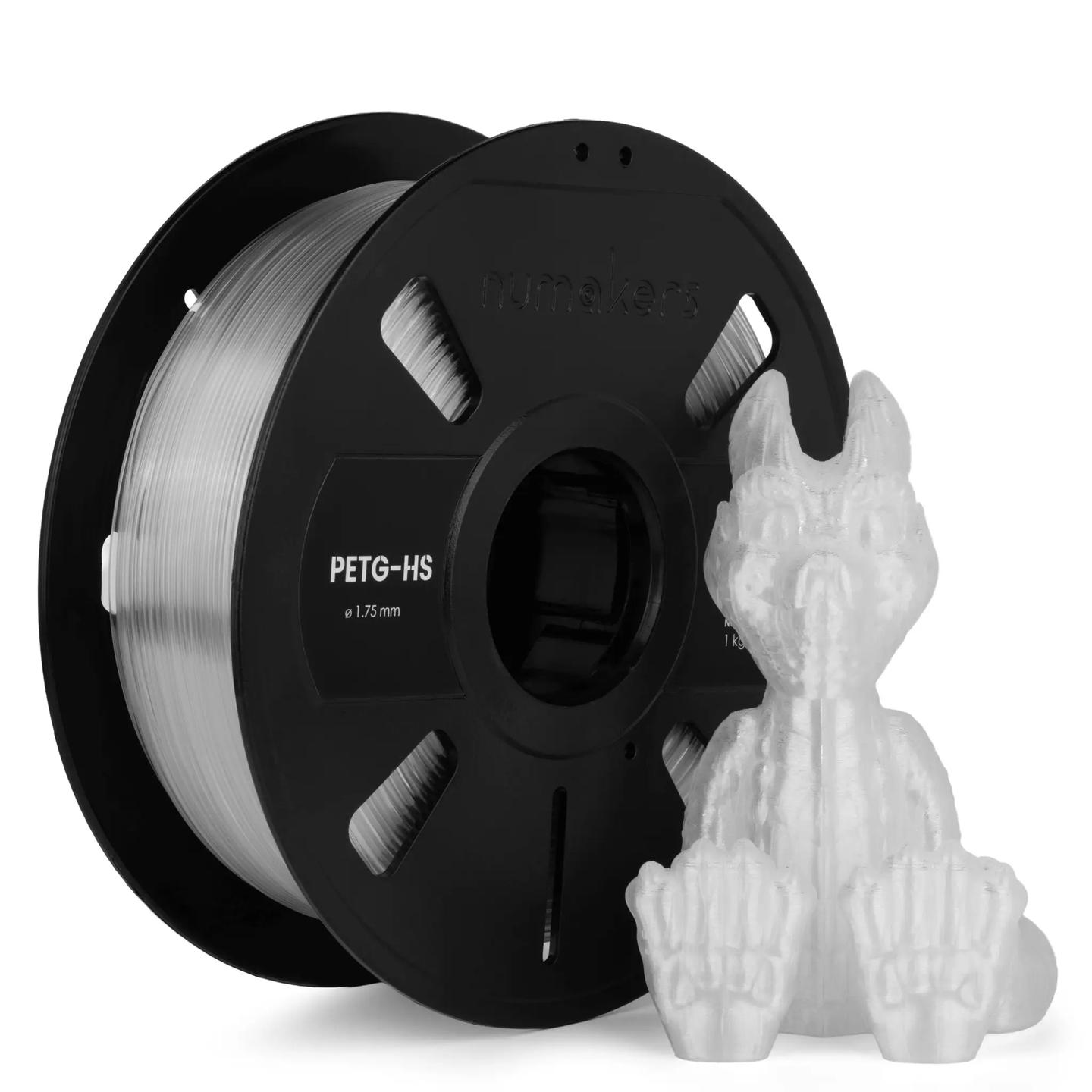 Numakers PETG-HS filament spool with clear 1.75 mm filament on a black spool
