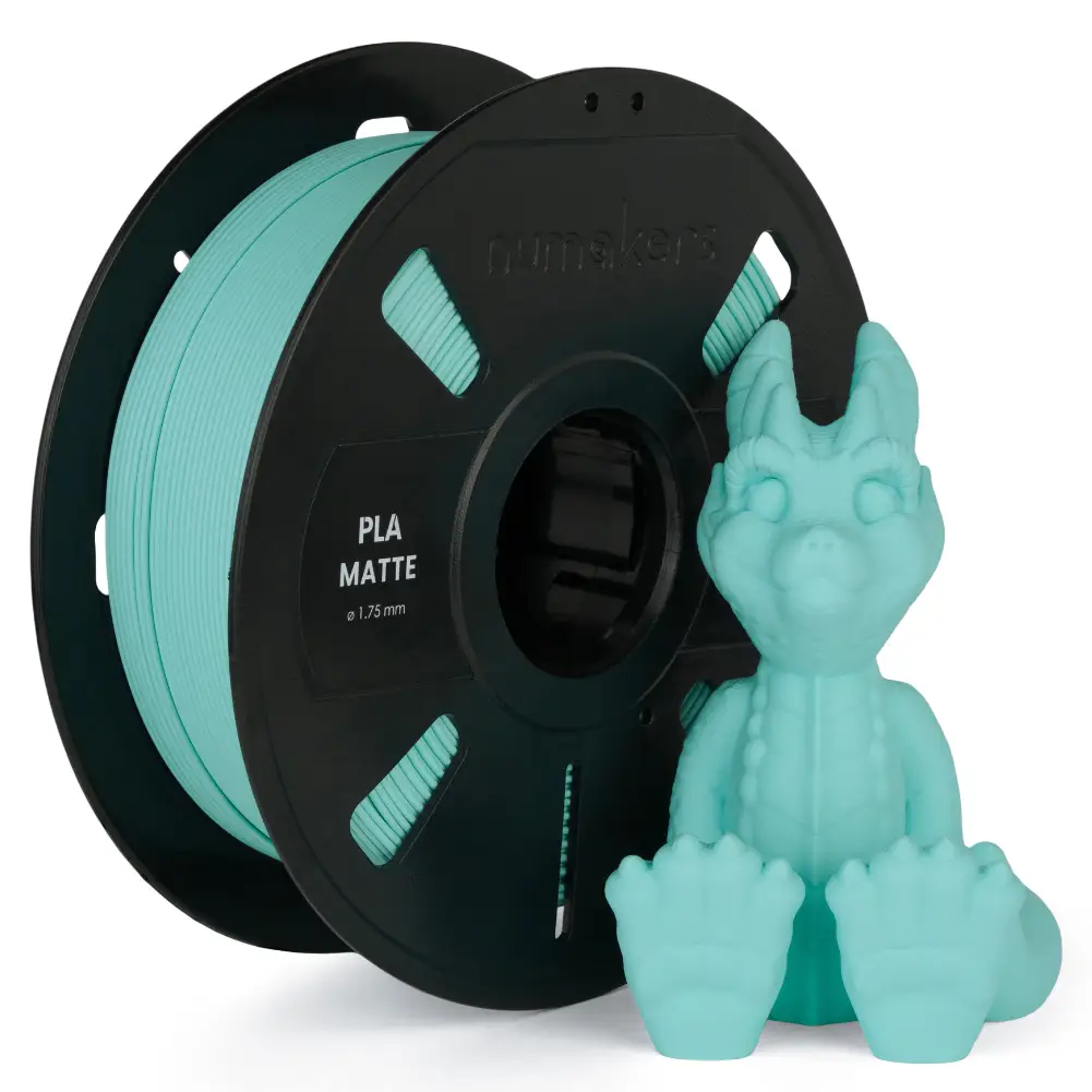 Numakers PLA Matte filament spool in teal with a turquoise dragon figurine