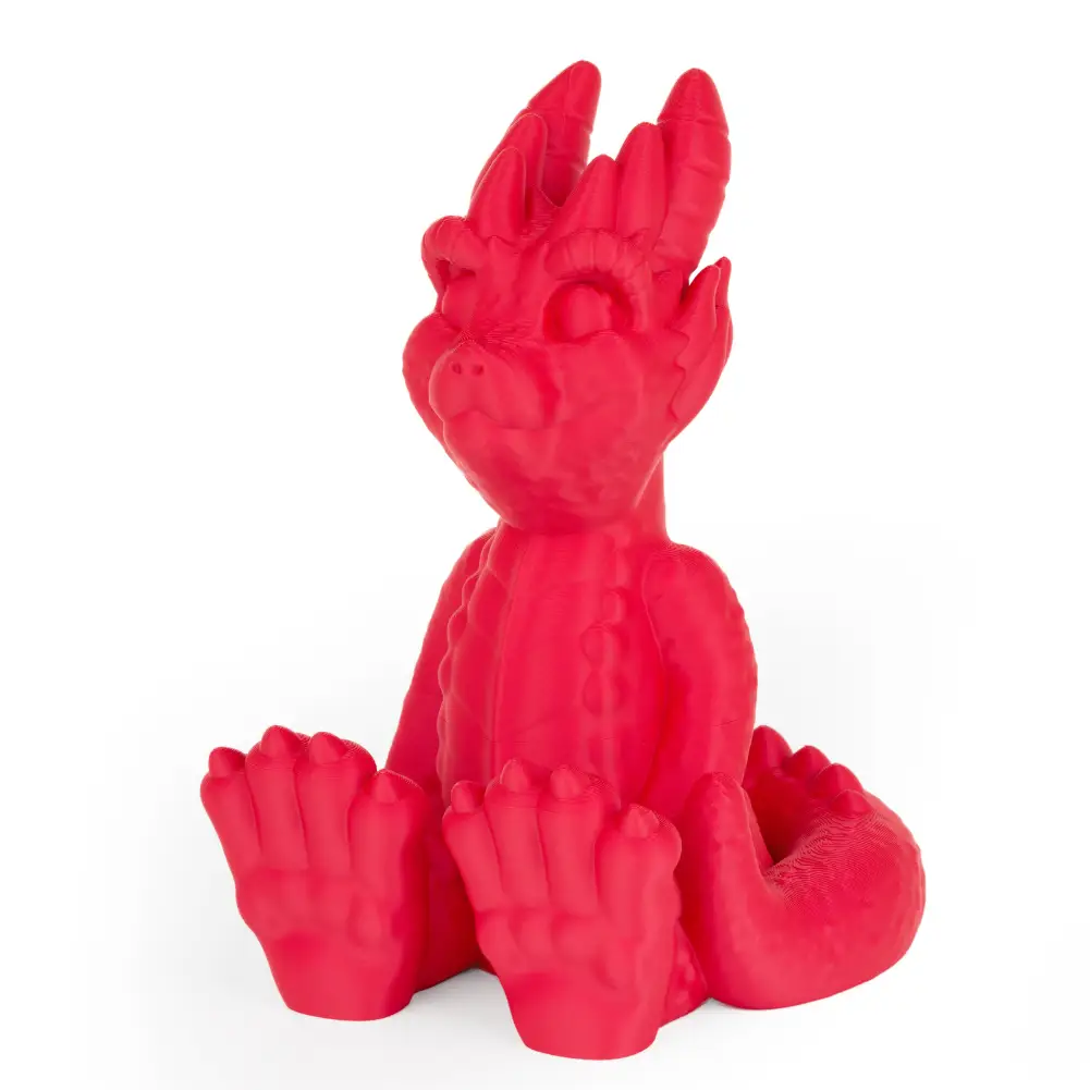 PLA Matte 3D printed dragon figurine in bright red; a detailed display model highlighting textured scales, by Numakers