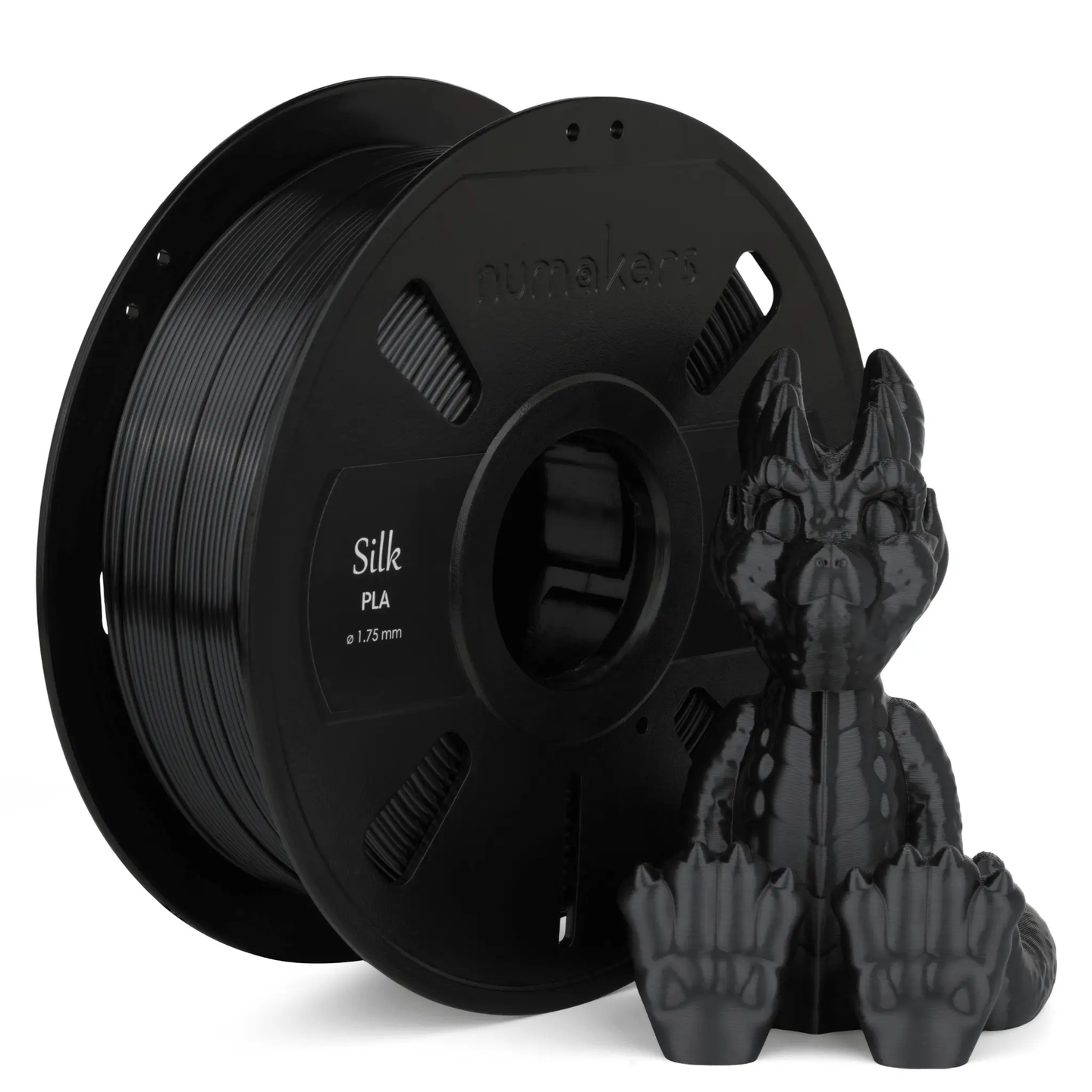 Numakers Silk PLA filament spool on a black spool, 1.75 mm, held by gloved hands