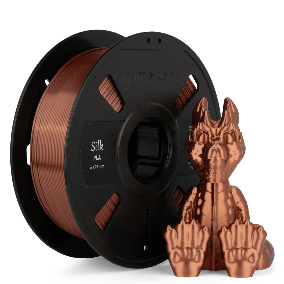 Numakers Silk PLA filament spool in copper color for 3D printing