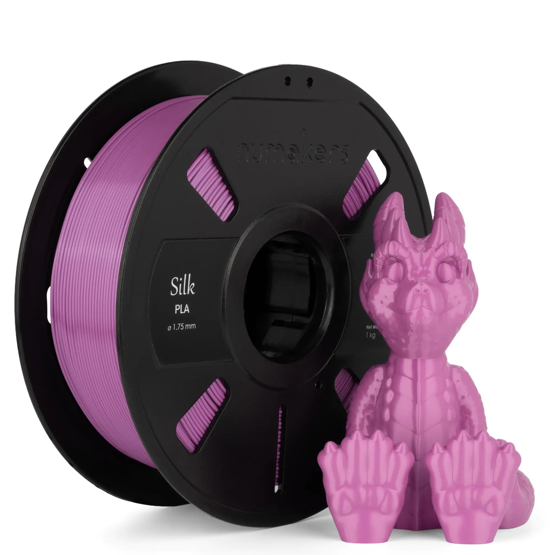 Silk PLA filament on black Numakers spool, pink 1.75 mm, with pink dragon figurines beside.