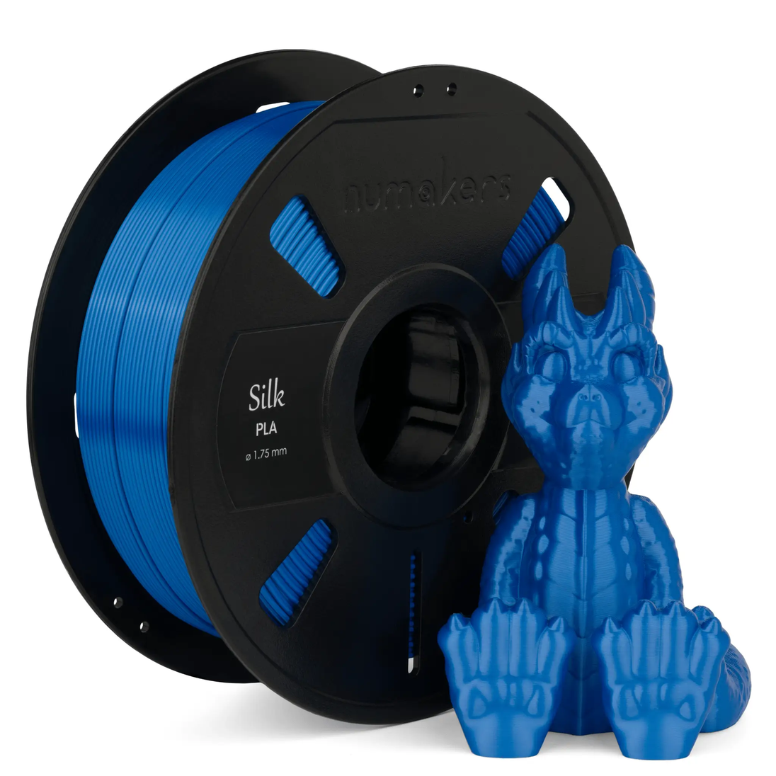 Numakers Silk PLA filament spool, blue filament on black spool with blue nitrile gloves