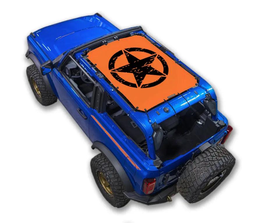 Ford Bronco Sun Shade Stock Printed Shade Top by SpiderWebShade; orange top with black star logo on blue SUV