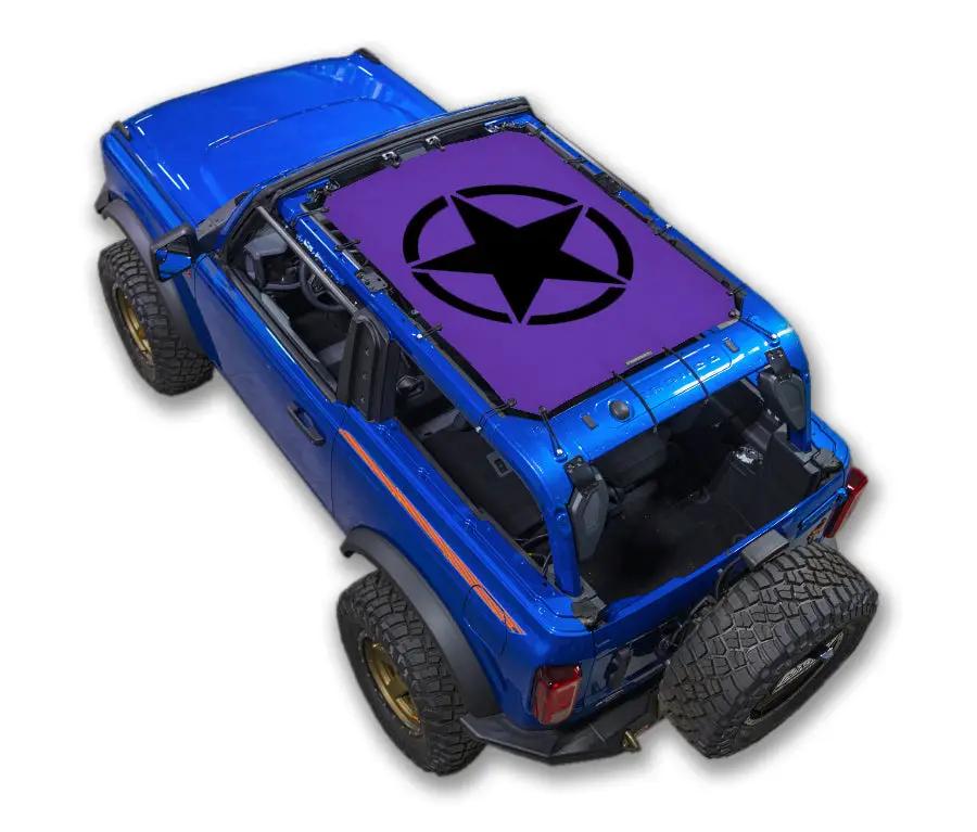 Sun shade top for Ford Bronco (2021–2026) by SpiderWebShade, purple printed panel with black star logo