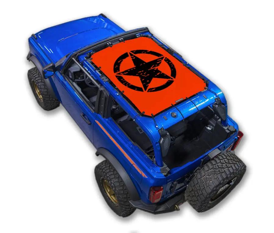 Sun shade top for Ford Bronco (2021–2026) by SPIDERWEBSHADE with orange printed star design