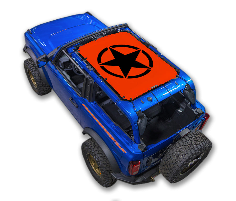 Sun Shade for Ford Bronco (2021–2026); orange top with black star graphic by SpiderWebShade