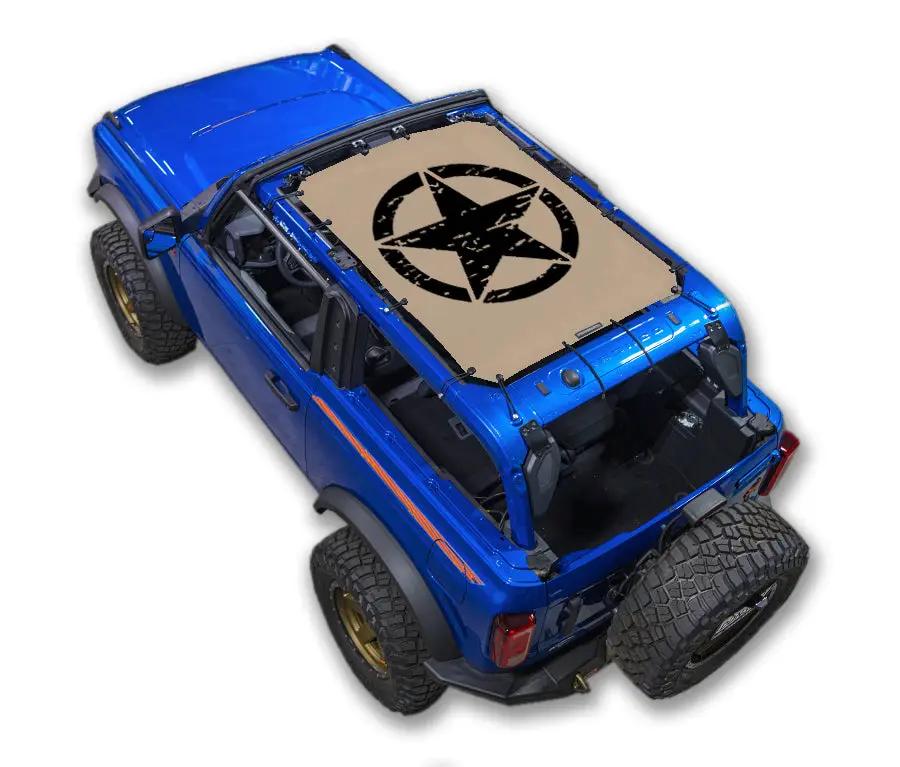 Sun shade for Ford Bronco (2021–2026) by SpiderWebShade, tan stock printed top with black star logo