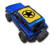 Sun Shade SPIDERWEBSHADE stock printed top for Ford Bronco (2021–2026); yellow top with black star logo on blue Bronco.