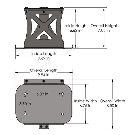 Group 34 Optima Battery Mount Artec Industries gray metal bracket with mounting tabs and dimension lines