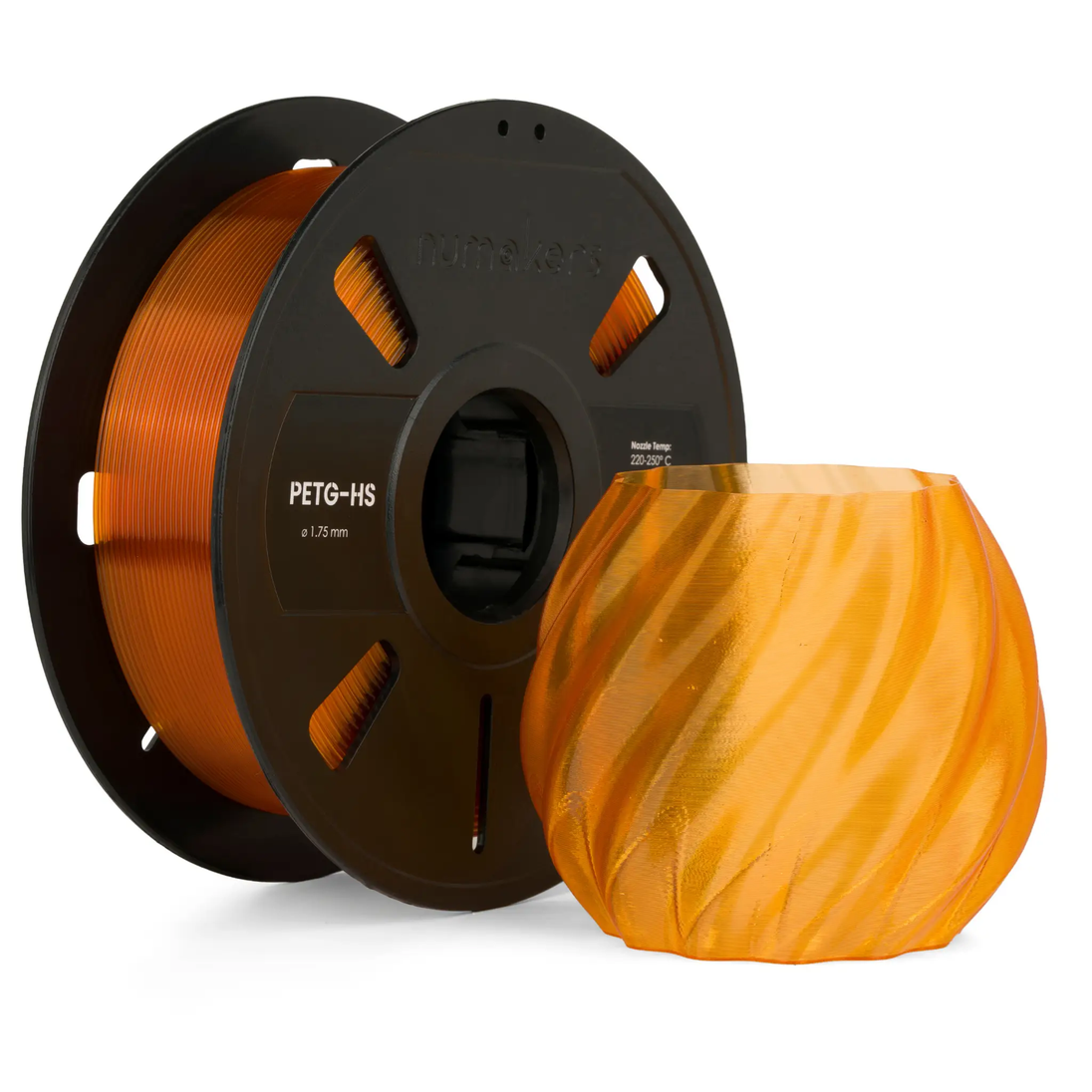 Two PETG Translucent filament spools by Numakers, orange 1.75 mm, 3D printer accessory