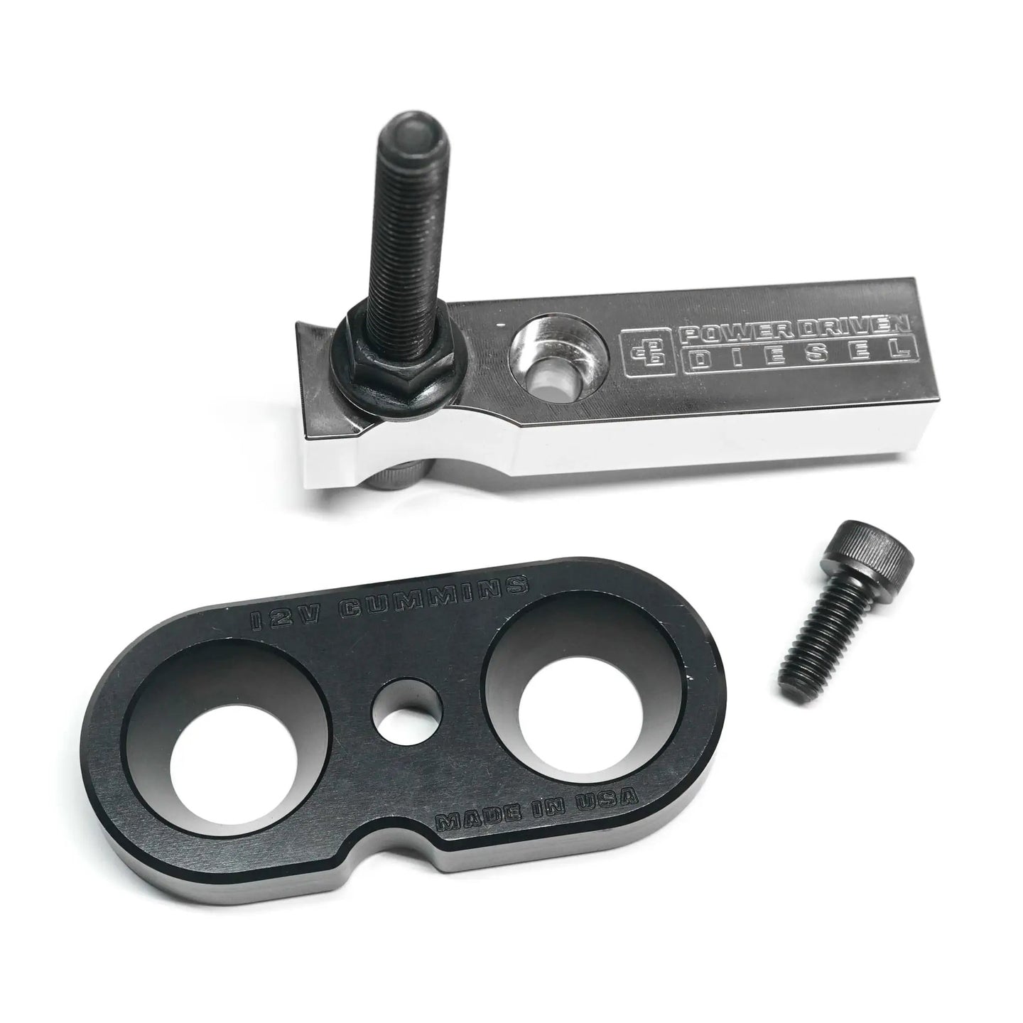 Power Driven Diesel 12-Valve Cummins Spring Compressor Tool, black metal with bolt post and embossed Power Driven Diesel logo