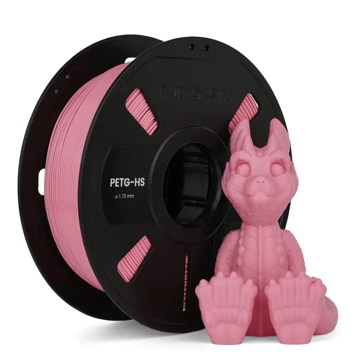 Numakers PETG-HS Filament on black spool, pink 1.75 mm, with pink dragon figurine