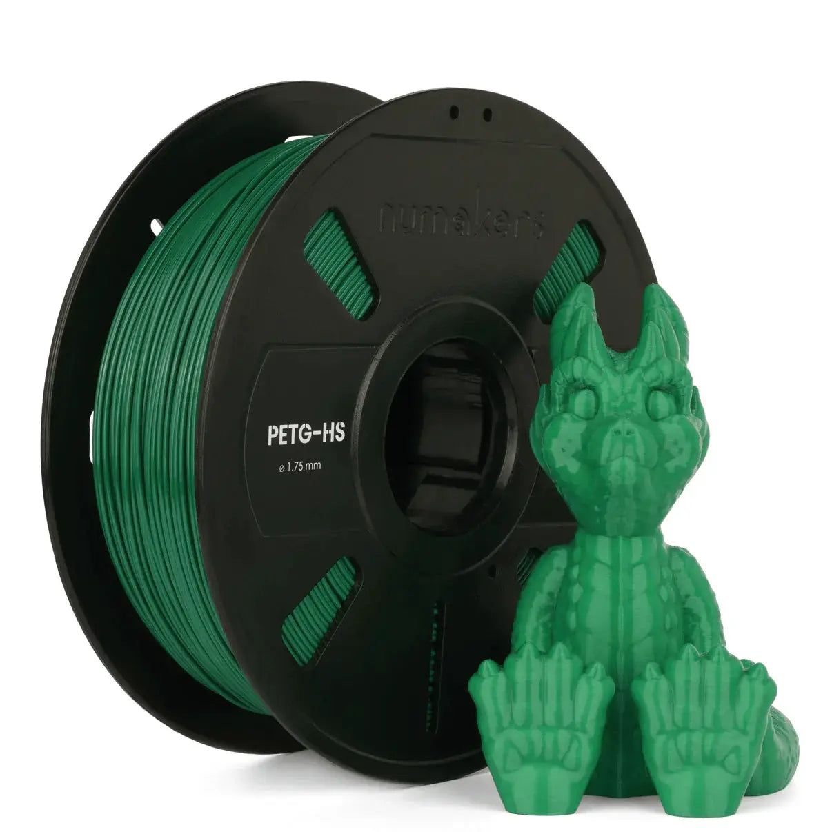 PETG-HS Filament spool by Numakers in green (1.75 mm) with a green dragon figurine.