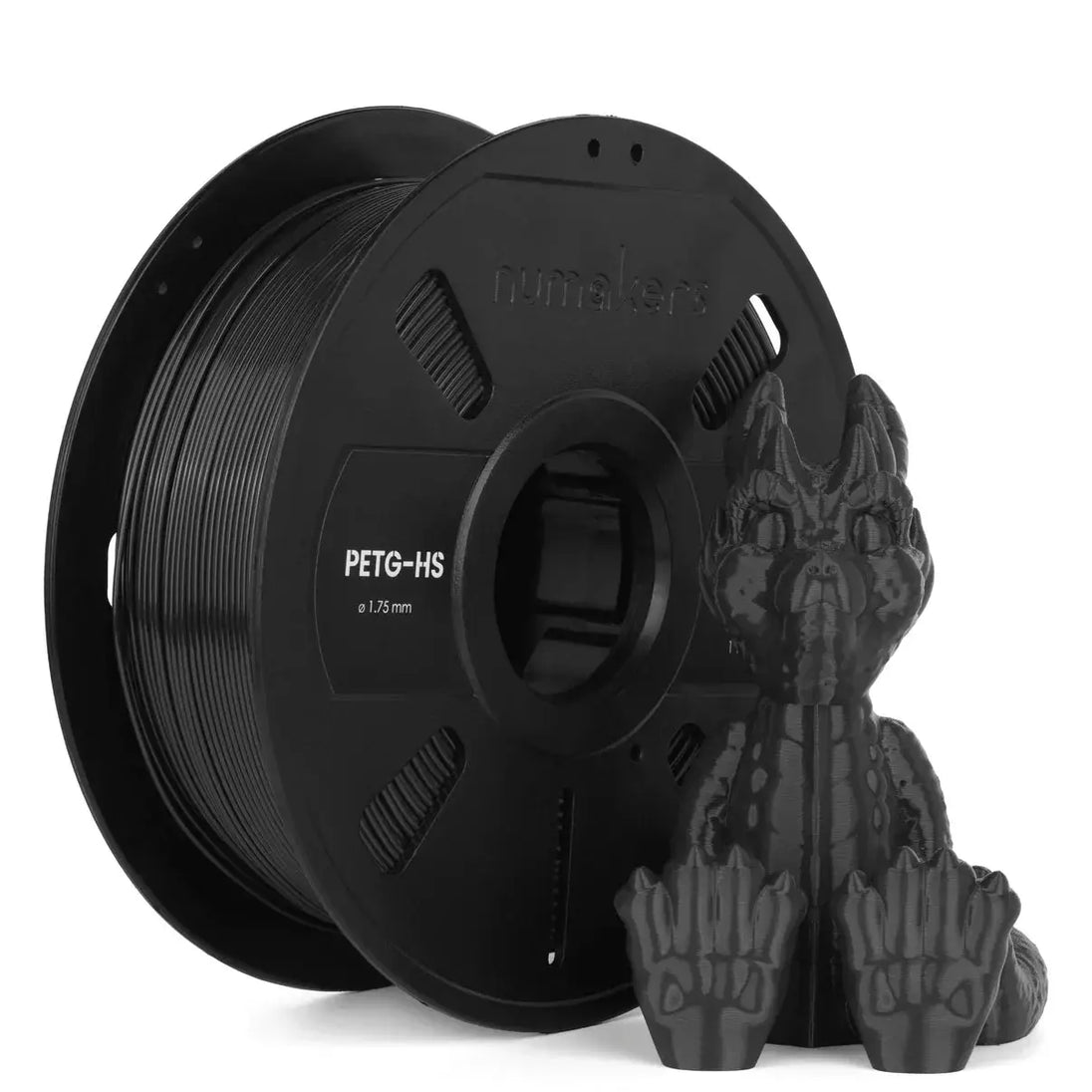 PETG-HS Filament spool by Numakers, black 1.75 mm, with dragon figurine for 3D printers
